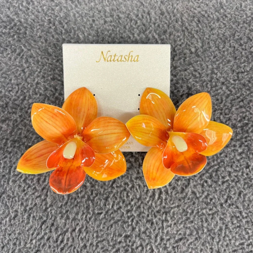 Natasha Flower Earring & Hair Clip Set Orange Orchid Tropical Hibiscus Bora